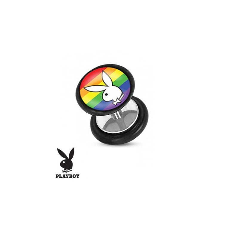 Faux piercing plug playboy logo lapin blanc drapeau Gaypride