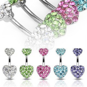 Piercing nombril barre acier chirurgical double coeur strass de couleur au choix pas cher