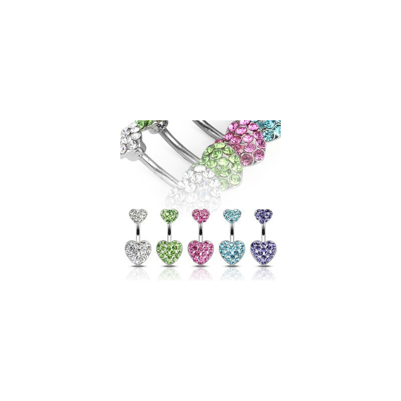 Piercing nombril barre acier chirurgical double coeur strass de couleur au choix pas cher