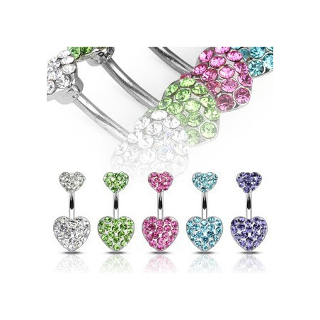 Piercing nombril barre acier chirurgical double coeur strass de couleur au choix pas cher