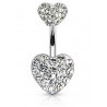 Piercing nombril barre acier chirurgical double coeur strass de couleur blanc diamant pas cher