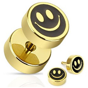 Piercing oreille faux plug Smiley doré imitation écarteur en acier chirurgical