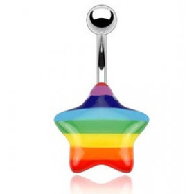 Piercing nombril tige acier chirurgical motif étoile couleur Gaypride