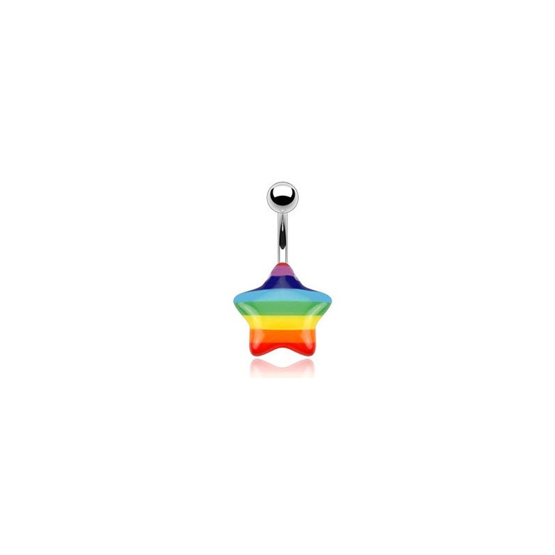 Piercing nombril tige acier chirurgical motif étoile couleur Gaypride