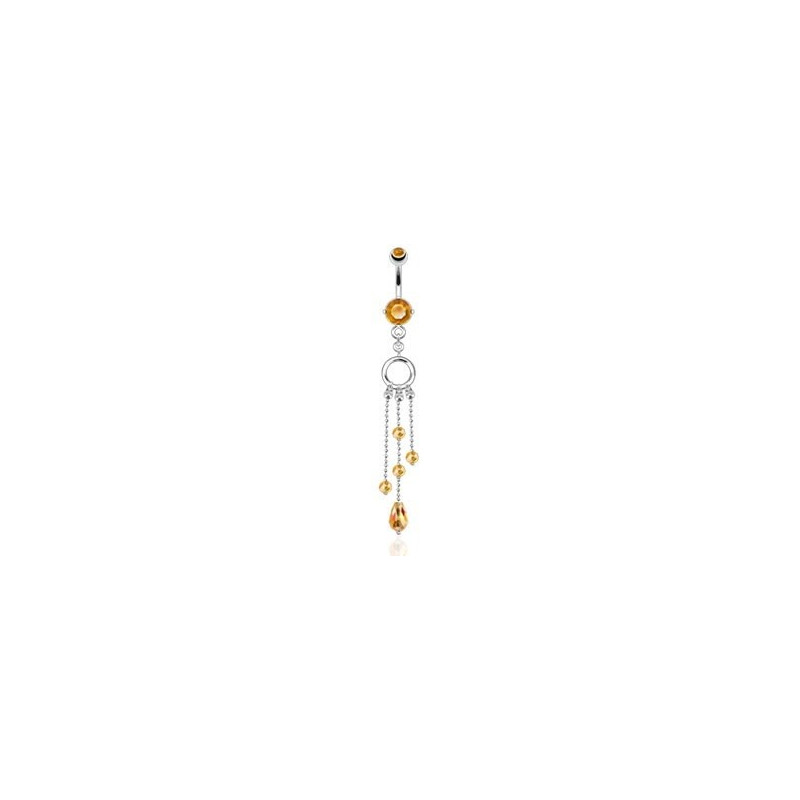 piercing nombril en acier chirurgical glamour long cristaux chaine pendent cristal topaze jaune