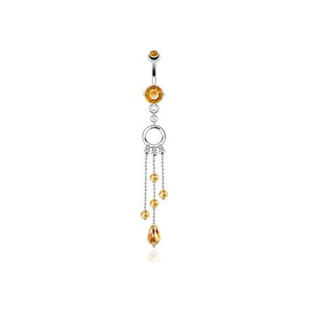 piercing nombril en acier chirurgical glamour long cristaux chaine pendent cristal topaze jaune