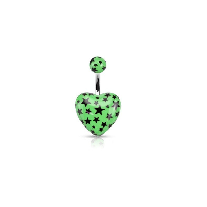 Piercing nombril barre acier chirurgical motif coeur vert fluo motif imprimé étoile