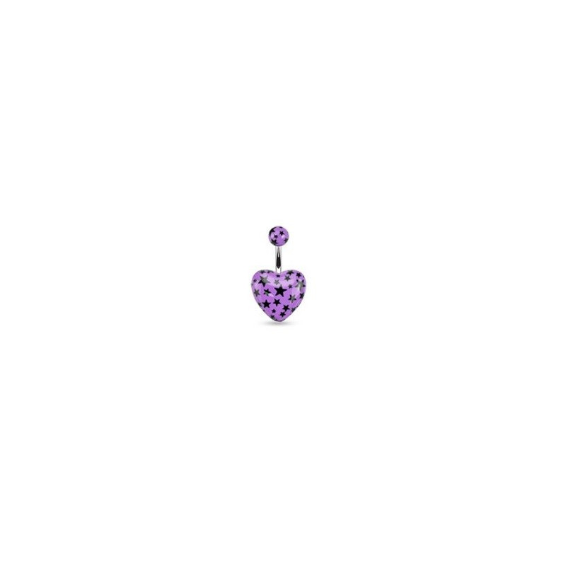 Piercing nombril barre acier chirurgical motif coeur couleur violet motif imprimé étoile