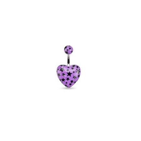 Piercing nombril barre acier chirurgical motif coeur couleur violet motif imprimé étoile