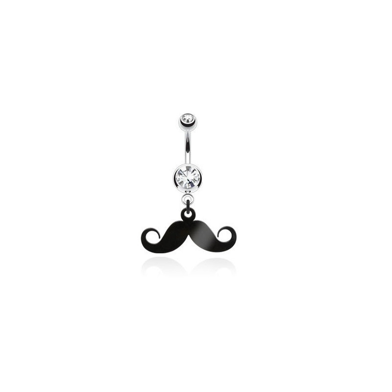 Piercing nombril acier chirurgical pendentif moustache articulé noir cristal blanc