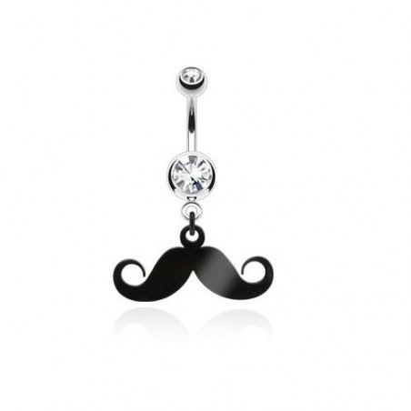 Piercing nombril acier chirurgical pendentif moustache articulé noir cristal blanc