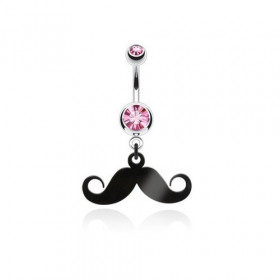 Piercing nombril acier chirurgical pendentif moustache articulé noir cristal rose