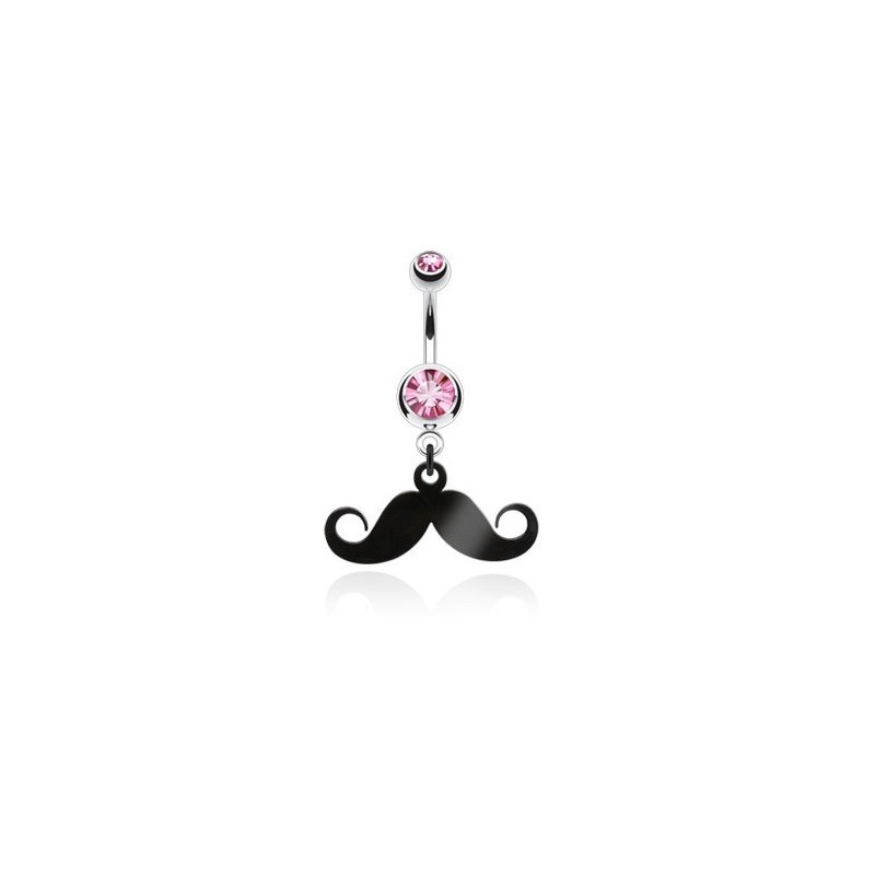 Piercing nombril acier chirurgical pendentif moustache articulé noir cristal rose