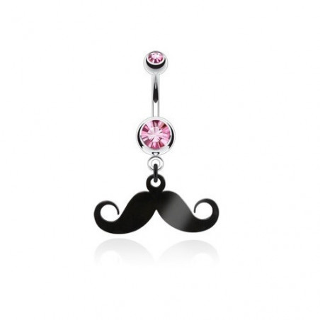 Piercing nombril acier chirurgical pendentif moustache articulé noir cristal rose
