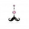 Piercing nombril acier chirurgical pendentif moustache articulé noir cristal rose