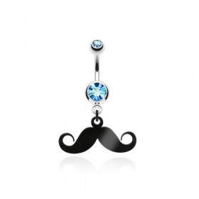 Piercing nombril acier chirurgical pendentif moustache articulé noir cristal bleu turquoise