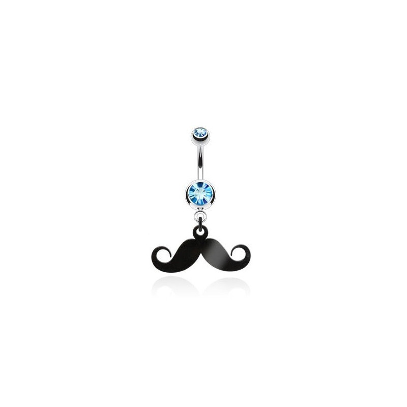 Piercing nombril acier chirurgical pendentif moustache articulé noir cristal bleu turquoise