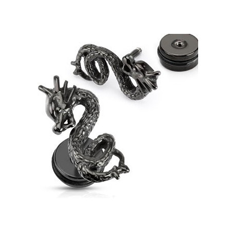 Faux piercing oreille imitation plug motif Dragon acier couleur noir