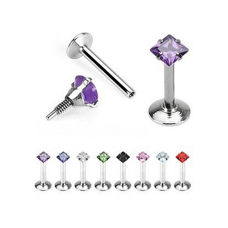 Piercing labret acier cristal carré de couleur de 2 mm pas cher