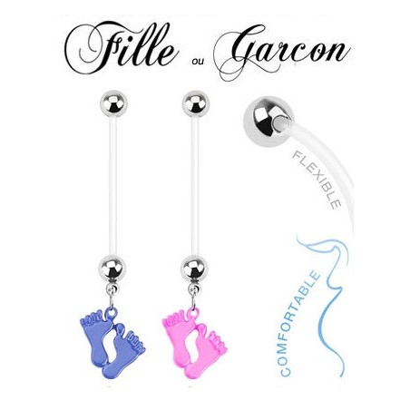 5 Anneaux De Grossesse Nombril Bioflex Souple – Barre Flexible Maternité 14G Avec Pieds Bébé CZ – 38mm