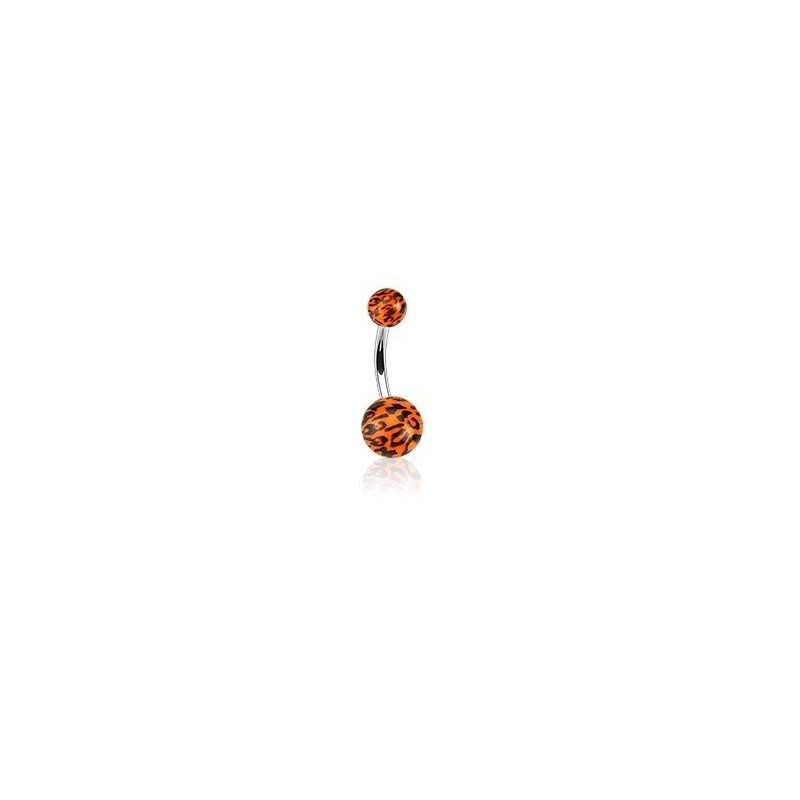 Piercing nombril bille orange Fluo motif léopard barre en acier chirurgical