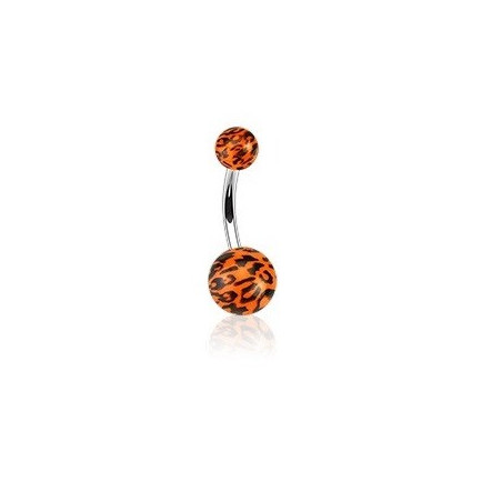 Piercing nombril bille orange Fluo motif léopard barre en acier chirurgical