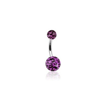 Piercing nombril bille violet Fluo motif léopard barre en acier chirurgical