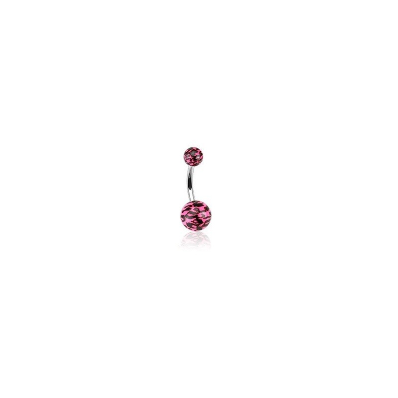 Piercing nombril bille rose Fluo motif léopard barre en acier chirurgical