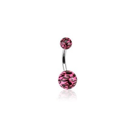 Piercing nombril bille rose Fluo motif léopard barre en acier chirurgical