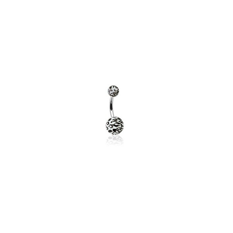 Piercing nombril bille blanc et noir motif léopard barre en acier chirurgical