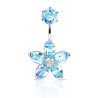 piercing nombril acier chirurgical double motif fleur en cristal couleur bleu turquoise