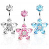 piercing nombril acier chirurgical double motif fleur en cristal couleur bleu turquoise pas cher