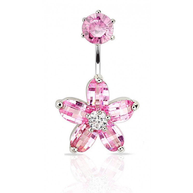 piercing nombril acier chirurgical double motif fleur en cristal rose