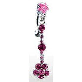 Piercing nombril inversé long pendent motif étoile et fleur cristal de couleur rose