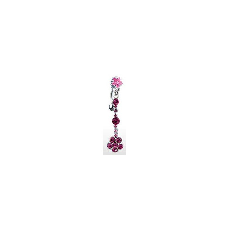 Piercing nombril inversé long pendent motif étoile et fleur cristal de couleur rose