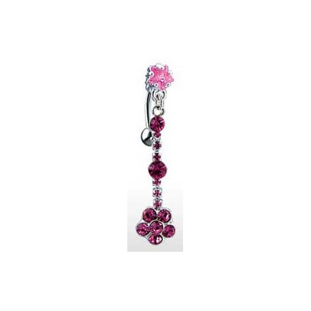 Piercing nombril inversé long pendent motif étoile et fleur cristal de couleur rose