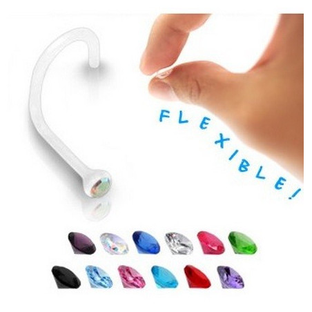 Piercing nez bioflex flexible tige courbé cristal discret de 2 mm