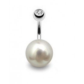 Piercing nombril perle naturel blanche 11mm barre titane de qualité