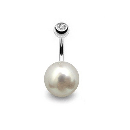 Piercing nombril perle naturel blanche 11mm barre titane de qualité