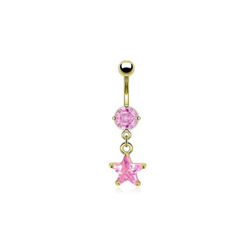 Piercing nombril doré pendentif étoile rose plaqué or 