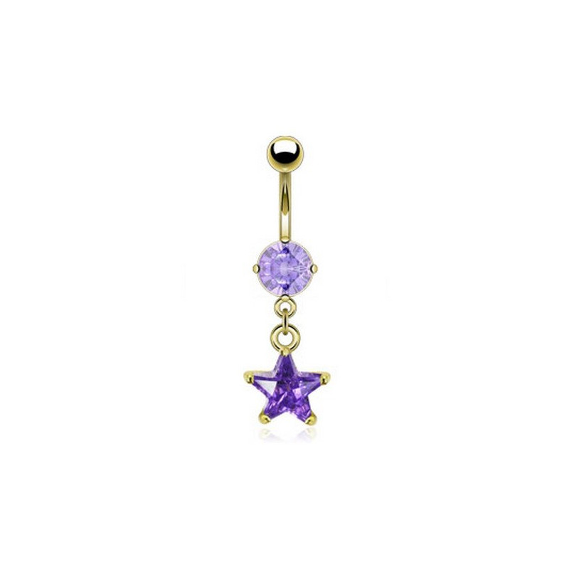 Piercing nombril doré pendentif étoile cristal lavande plaqué or 