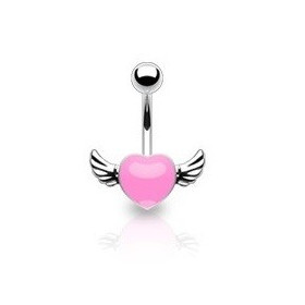 Piercing nombril coeur tattoo rose avec ailes pour femme