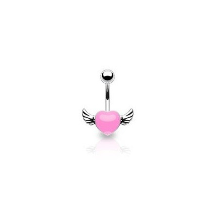 Piercing nombril coeur tattoo rose avec ailes pour femme