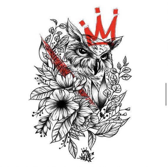 Tattoo Flash Tarawa Lost-Créa Vias dessin tatouage fleur hibou