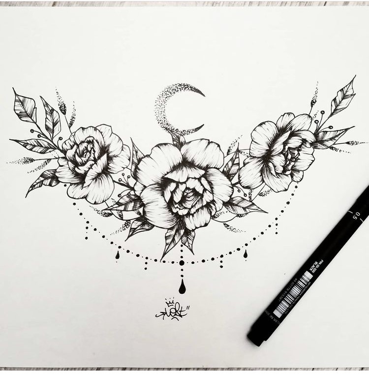 Tattoo Flash Tarawa Lost-Créa Vias dessin tattoo fleur lune ornemental