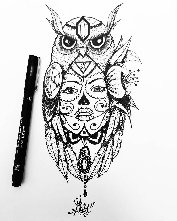 tatouage flash visage hibou del la muerte Tattoo Flash Tarawa Lost-Créa Vias