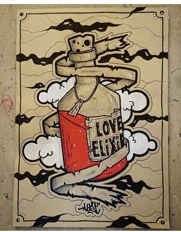 tattoo flash love elixir bouteille Tarawa vias lost-créa