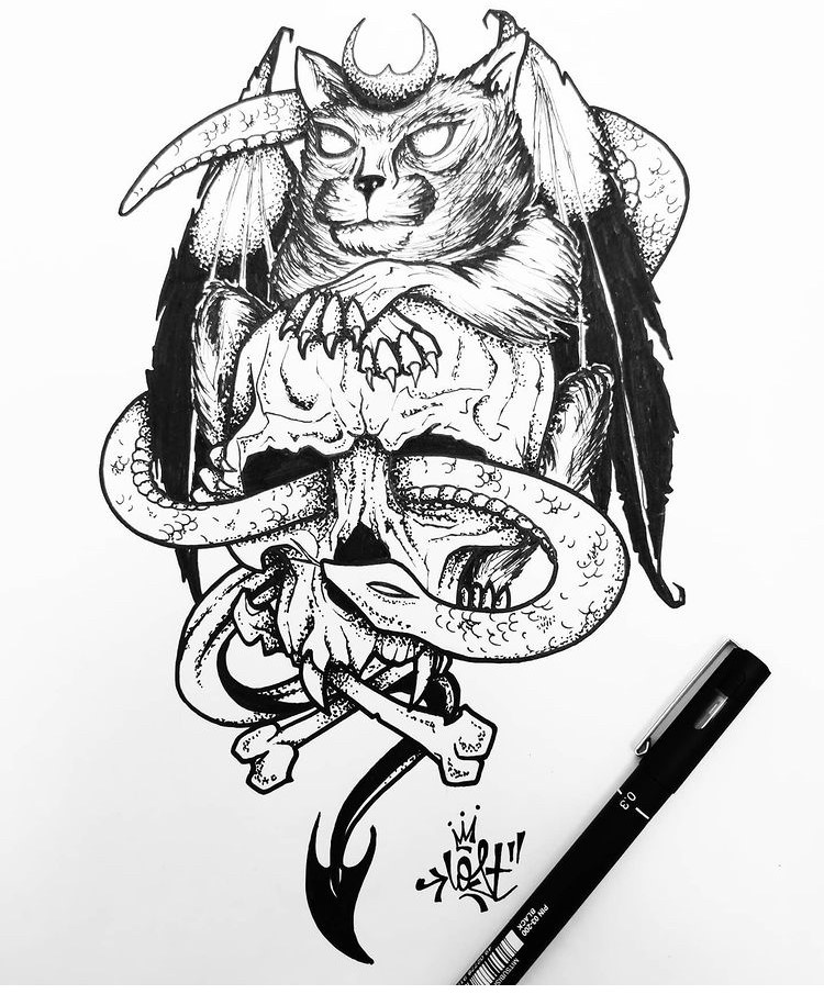 tattoo flash skull serpent Tarawa vias lost-créa