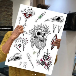 Tattoo Flash Trash thème Halloween par Saumon-Cru Tarawa Cap d'Agde