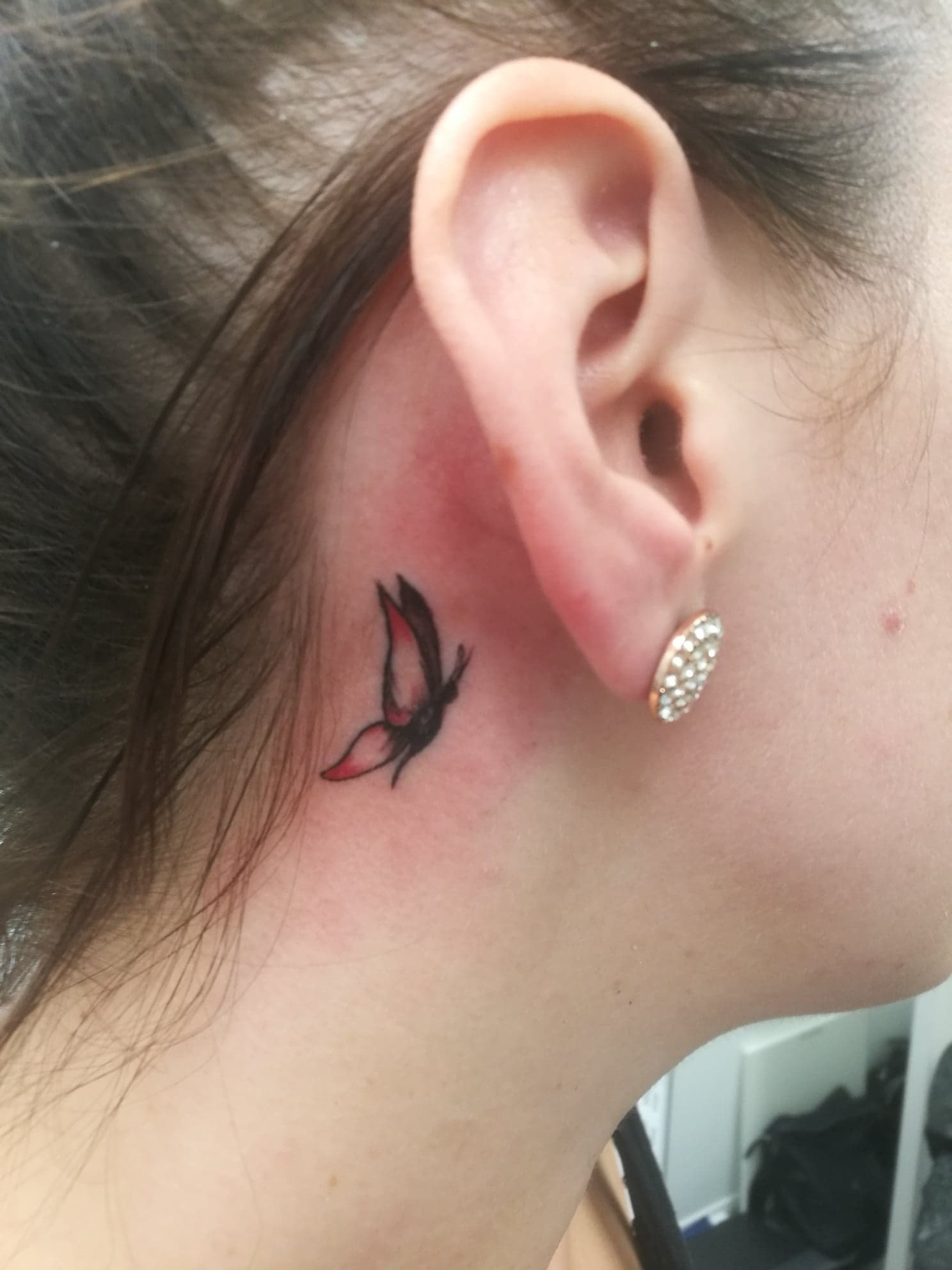 tatouage papillon minimaliste derrière l'oreille par lily Tarawa Cap d'Agde
